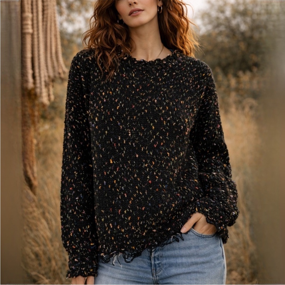 Kyemi Black Confetti Distressed Soft Comfy Knit Sweater Oversized Medium